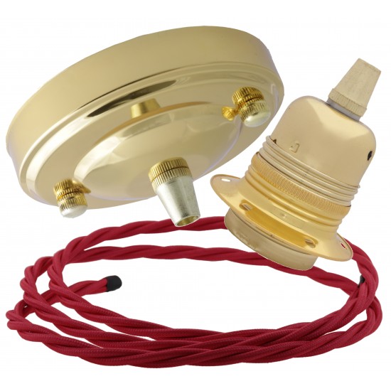Large Brass Ceiling Pendant Kit and E27 Lampholder with Bright Red Flex