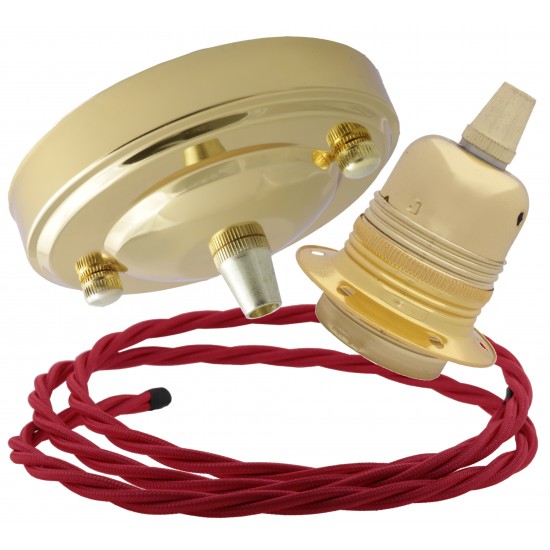 Large Brass Ceiling Pendant Kit and E27 Lampholder with Bright Red Flex Large Brass Ceiling Pendant Kit and E27 Lampholder with Bright Red Flex