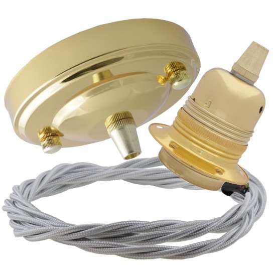 Large Brass Ceiling Pendant Kit and E27 Lampholder with Silver Flex Large Brass Ceiling Pendant Kit and E27 Lampholder with Silver Flex
