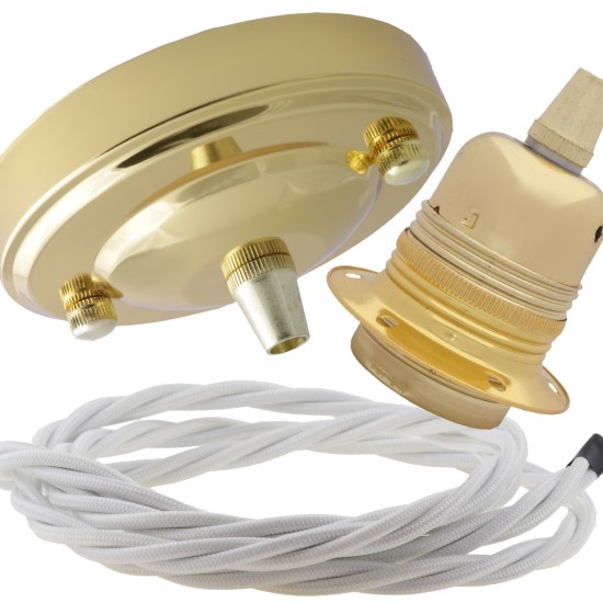 Large Brass Ceiling Pendant Kit and E27 Lampholder with White Flex