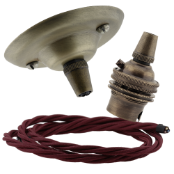 Antique Brass Ceiling Pendant Kit and B22 Lampholder with Rich Burgundy Flex