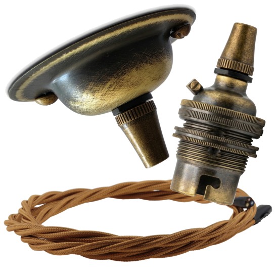 Antique Brass Ceiling Pendant Kit and B22 Lampholder with Antique Gold Flex
