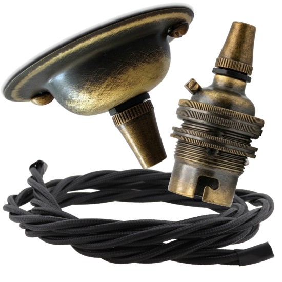 Antique Brass Ceiling Pendant Kit and B22 Lampholder with Black Flex Antique Brass Ceiling Pendant Kit and B22 Lampholder with Black Flex