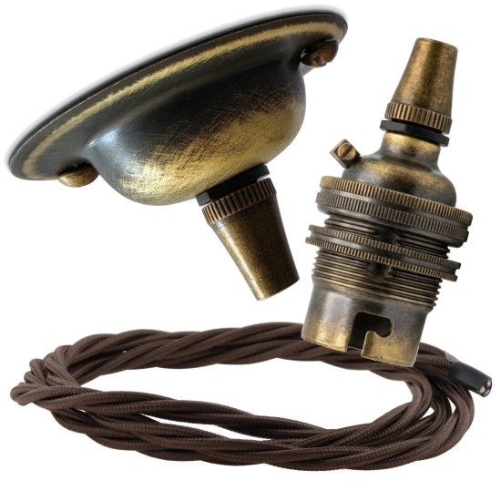Antique Brass Ceiling Pendant Kit and B22 Lampholder with Mocha Brown Flex Antique Brass Ceiling Pendant Kit and B22 Lampholder with Mocha Brown Flex