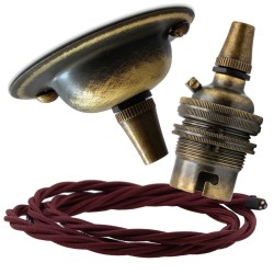 Antique Brass Ceiling Pendant Kit and B22 Lampholder with Rich Burgundy Flex