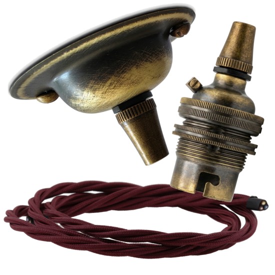 Antique Brass Ceiling Pendant Kit and B22 Lampholder with Rich Burgundy Flex Antique Brass Ceiling Pendant Kit and B22 Lampholder with Rich Burgundy Flex
