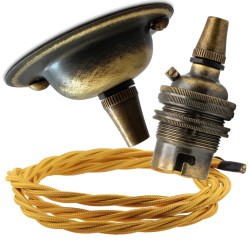 Antique Brass Ceiling Pendant Kit and B22 Lampholder with Gold Flex