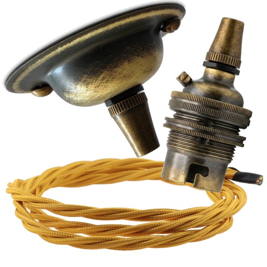 Antique Brass Ceiling Pendant Kit and B22 Lampholder with Gold Flex