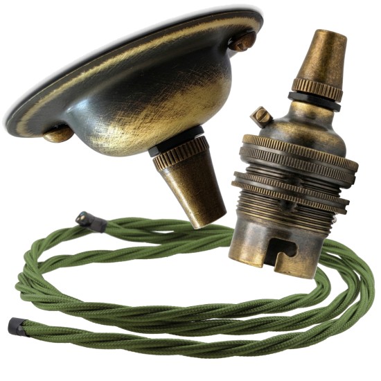 Antique Brass Ceiling Pendant Kit and B22 Lampholder with Green Flex Antique Brass Ceiling Pendant Kit and B22 Lampholder with Green Flex