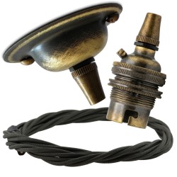 Antique Brass Ceiling Pendant Kit and B22 Lampholder with Khaki Green Flex
