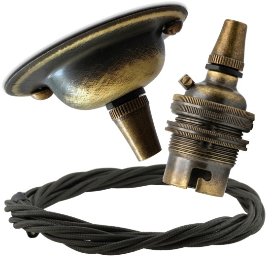 Antique Brass Ceiling Pendant Kit and B22 Lampholder with Khaki Green Flex