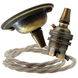 Antique Brass Ceiling Pendant Kit and B22 Lampholder with Linen Flex
