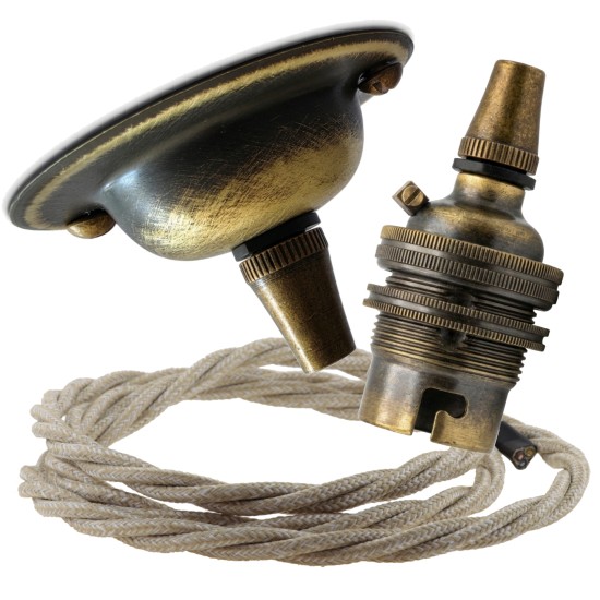 Antique Brass Ceiling Pendant Kit and B22 Lampholder with Linen Flex Antique Brass Ceiling Pendant Kit and B22 Lampholder with Linen Flex