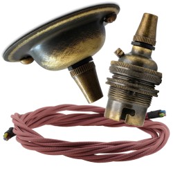 Antique Brass Ceiling Pendant Kit and B22 Lampholder with Dusky Pink Flex Antique Brass Ceiling Pendant Kit and B22 Lampholder with Dusky Pink Flex