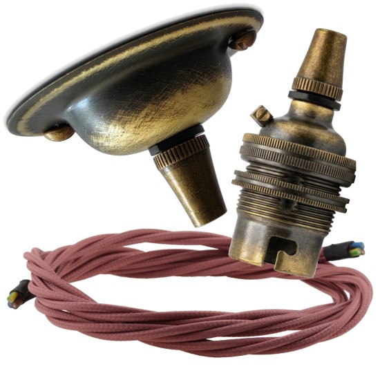 Antique Brass Ceiling Pendant Kit and B22 Lampholder with Dusky Pink Flex Antique Brass Ceiling Pendant Kit and B22 Lampholder with Dusky Pink Flex