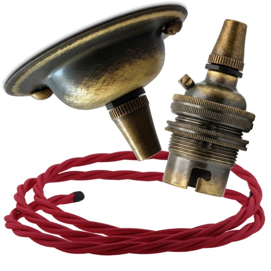 Antique Brass Ceiling Pendant Kit and B22 Lampholder with Bright Red Flex