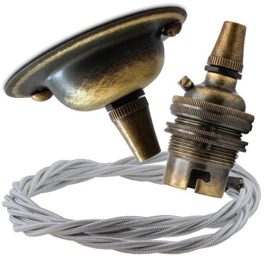 Antique Brass Ceiling Pendant Kit and B22 Lampholder with Silver Flex