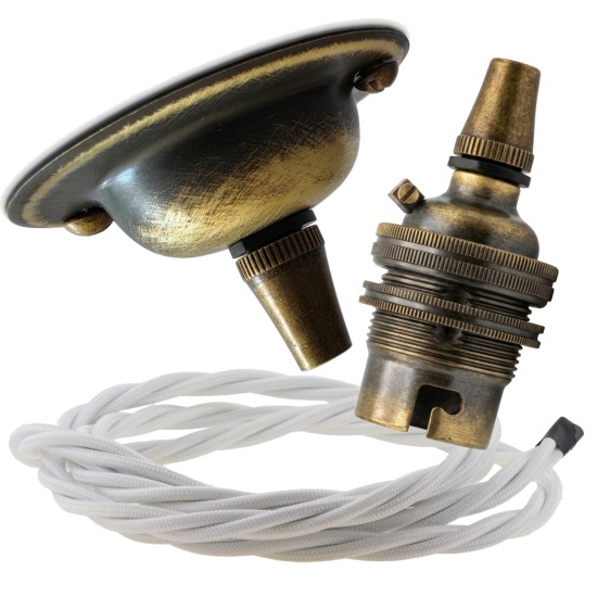 Antique Brass Ceiling Pendant Kit and B22 Lampholder with White Flex