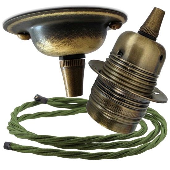 Antique Brass Ceiling Pendant Kit and E27 Lampholder with Green Flex Antique Brass Ceiling Pendant Kit and E27 Lampholder with Green Flex