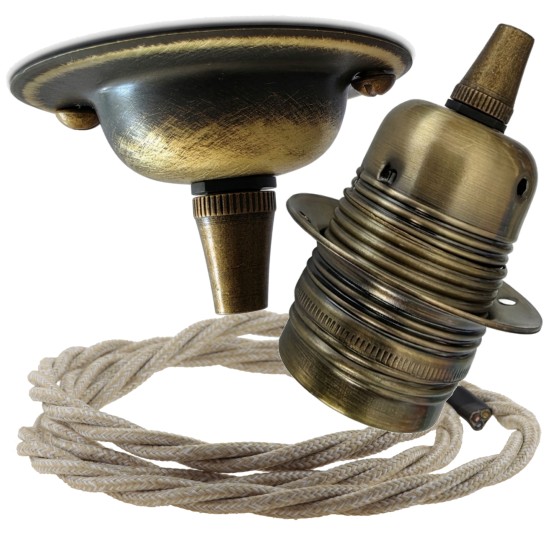 Antique Brass Ceiling Pendant Kit and E27 Lampholder with Linen Flex Antique Brass Ceiling Pendant Kit and E27 Lampholder with Linen Flex