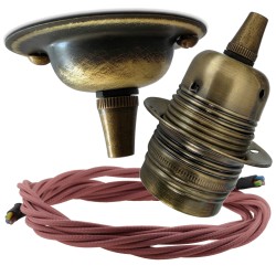 Antique Brass Ceiling Pendant Kit and E27 Lampholder with Dusky Pink Flex Antique Brass Ceiling Pendant Kit and E27 Lampholder with Dusky Pink Flex