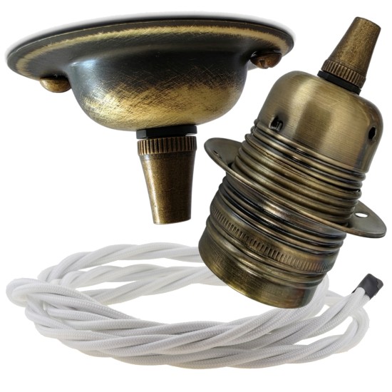 Antique Brass Ceiling Pendant Kit and E27 Lampholder with White Flex