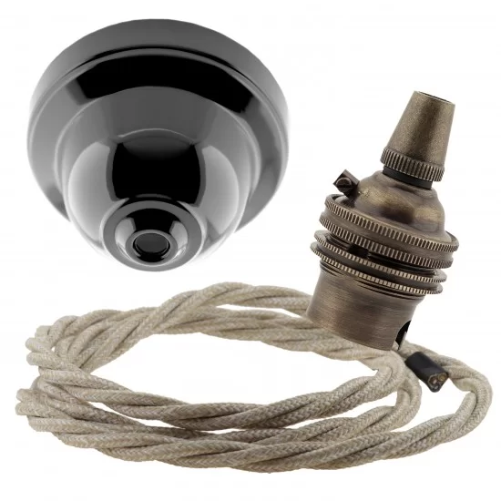 Dunkelbraun Bakelit Deckenanhänger Kit Mit Sauberem Leinen
