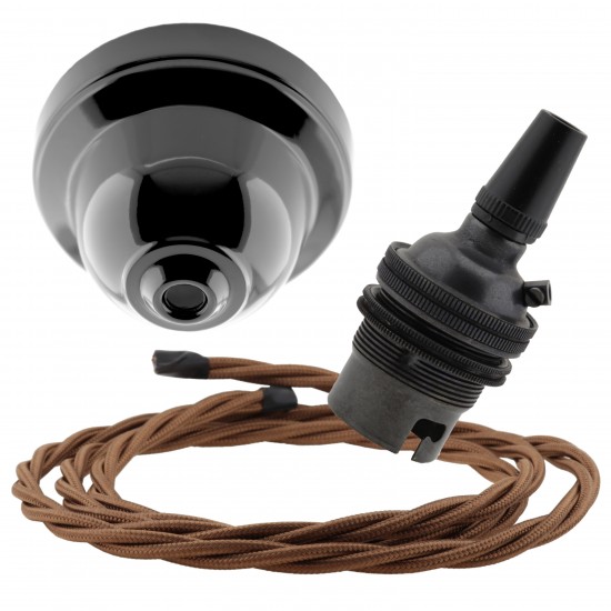 Black Bakelite Ceiling Pendant Kit and B22 Bronze Bulb Holder with 1M Bronze Flex