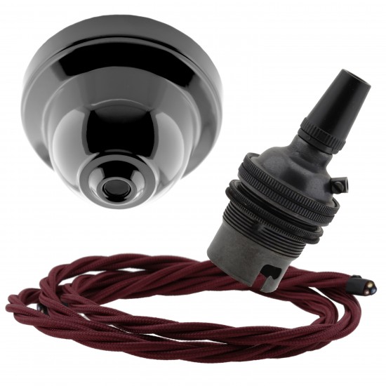 Black Bakelite Ceiling Pendant Kit and B22 Bronze Bulb Holder with 1M Burgundy Flex