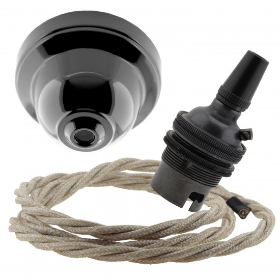 Black Bakelite Ceiling Pendant Kit and B22 Bronze Bulb Holder with 1M Linen Flex