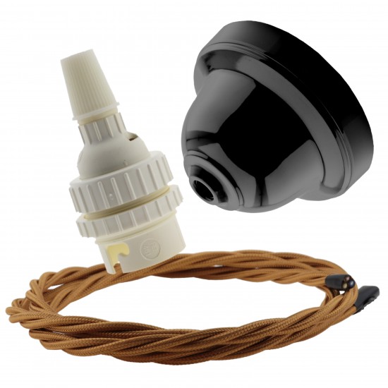 Black Bakelite Ceiling Pendant Kit with B22 White Thermoset Lampholder and Antique Gold Flex