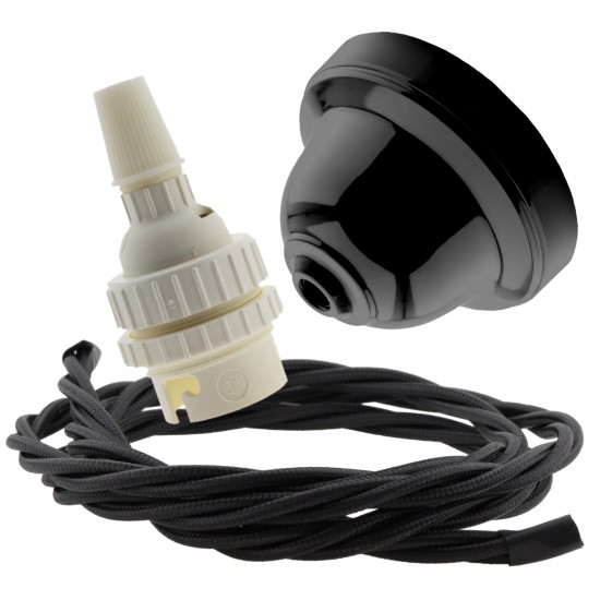 Black Bakelite Ceiling Pendant Kit with B22 White Thermoset Lampholder and Black Flex