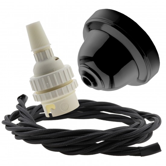 Black Bakelite Ceiling Pendant Kit with B22 White Thermoset Lampholder and Black Flex Black Bakelite Ceiling Pendant Kit with B22 White Thermoset Lampholder and Black Flex