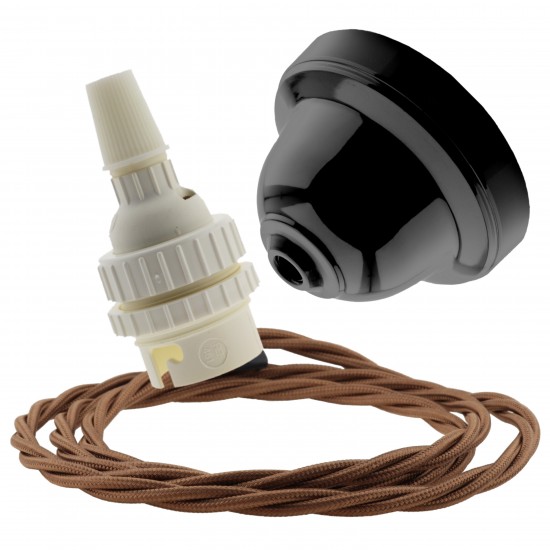 Black Bakelite Ceiling Pendant Kit with B22 White Thermoset Lampholder and Bronze Flex Black Bakelite Ceiling Pendant Kit with B22 White Thermoset Lampholder and Bronze Flex