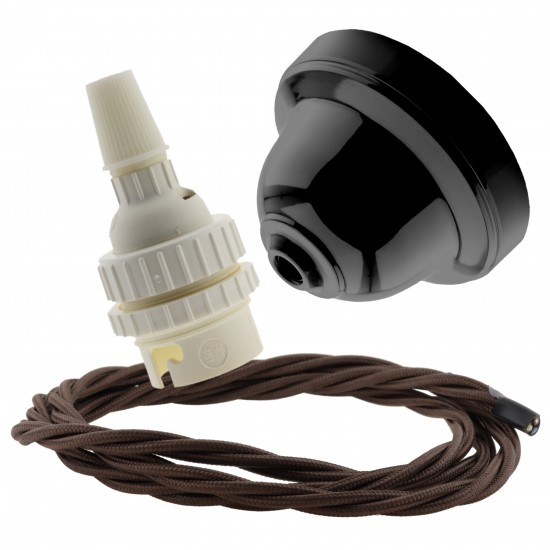 Black Bakelite Ceiling Pendant Kit with B22 White Thermoset Lampholder and Mocha Brown Flex