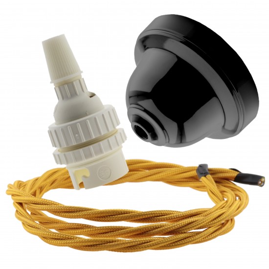 Black Bakelite Ceiling Pendant Kit with B22 White Thermoset Lampholder and Gold Flex