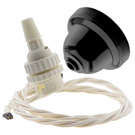 Black Bakelite Ceiling Pendant Kit with B22 White Thermoset Lampholder and Classic Ivory Flex Black Bakelite Ceiling Pendant Kit with B22 White Thermoset Lampholder and Classic Ivory Flex