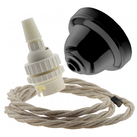 Black Bakelite Ceiling Pendant Kit with B22 White Thermoset Lampholder and Linen Flex Black Bakelite Ceiling Pendant Kit with B22 White Thermoset Lampholder and Linen Flex
