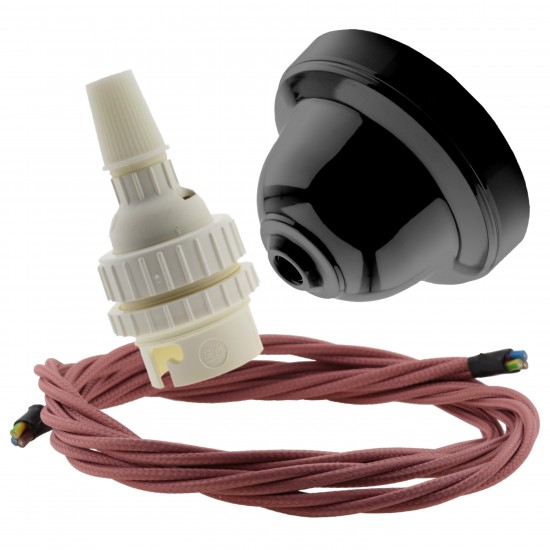 Black Bakelite Ceiling Pendant Kit with B22 White Thermoset Lampholder and Dusky Pink Flex Black Bakelite Ceiling Pendant Kit with B22 White Thermoset Lampholder and Dusky Pink Flex