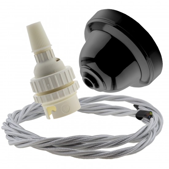 Black Bakelite Ceiling Pendant Kit with B22 White Thermoset Lampholder and Silver Flex Black Bakelite Ceiling Pendant Kit with B22 White Thermoset Lampholder and Silver Flex