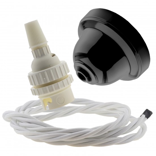 Black Bakelite Ceiling Pendant Kit with B22 White Thermoset Lampholder and White Flex Black Bakelite Ceiling Pendant Kit with B22 White Thermoset Lampholder and White Flex