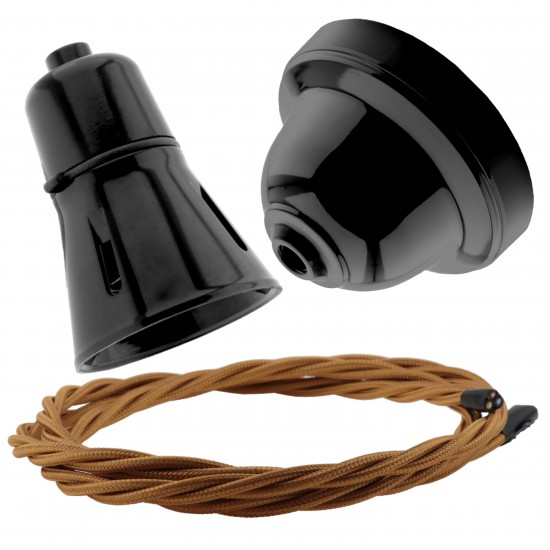 Black Bakelite Ceiling Pendant Kit with B22 Black Traditional Lampholder and Antique Gold Flex