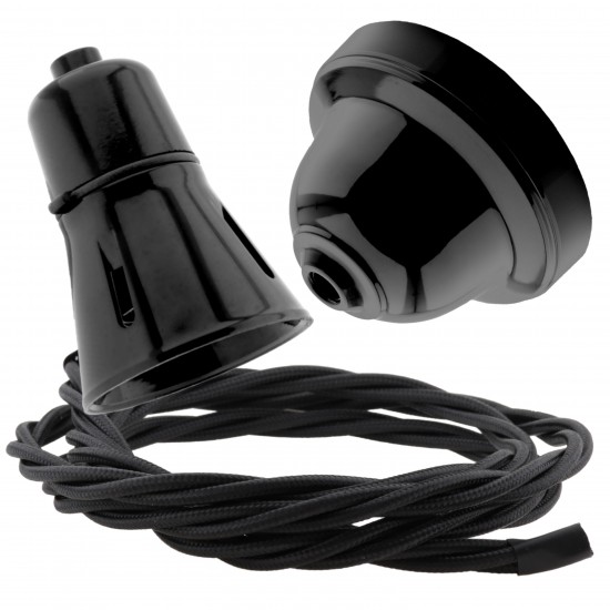 Black Bakelite Ceiling Pendant Kit with B22 Black Traditional Lampholder and Black Flex