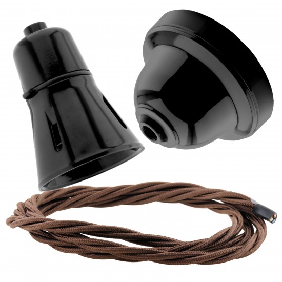 Black Bakelite Ceiling Pendant Kit with B22 Black Traditional Lampholder and Brown Flex