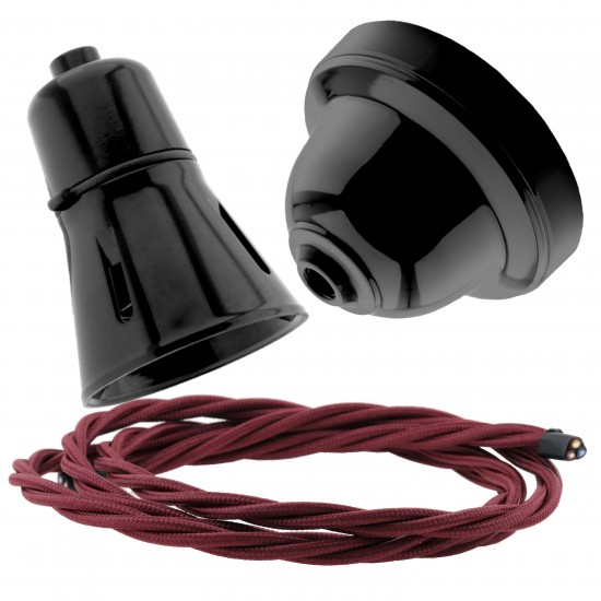 Black Bakelite Ceiling Pendant Kit with B22 Black Traditional Lampholder and Burgundy Flex