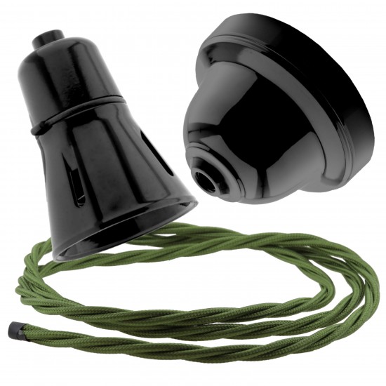 Black Bakelite Ceiling Pendant Kit with B22 Black Traditional Lampholder and Green Flex