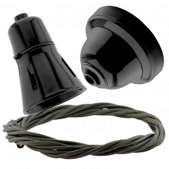 Black Bakelite Ceiling Pendant Kit with B22 Black Traditional Lampholder and Khaki Green Flex