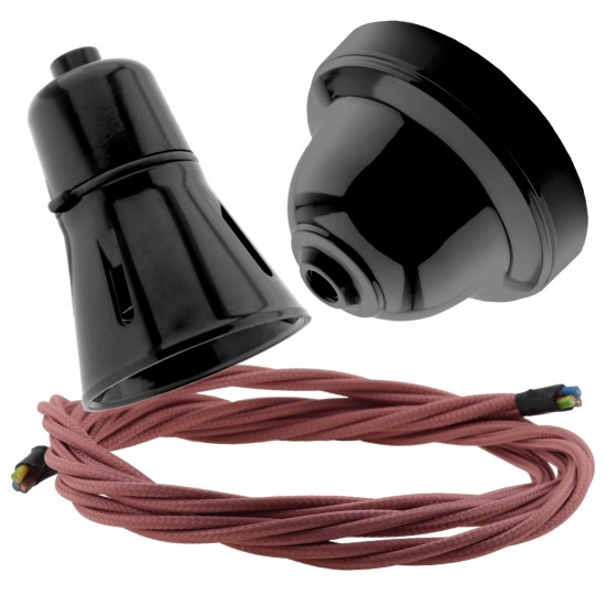 Black Bakelite Ceiling Pendant Kit with B22 Black Traditional Lampholder and Dusky Pink Flex