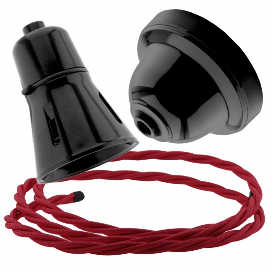 Black Bakelite Ceiling Pendant Kit with B22 Black Traditional Lampholder and Bright Red Flex