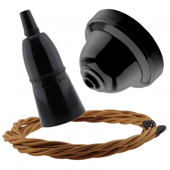 Black Bakelite Ceiling Pendant Kit with B22 Black Bakelite Lampholder and Antique Gold Flex